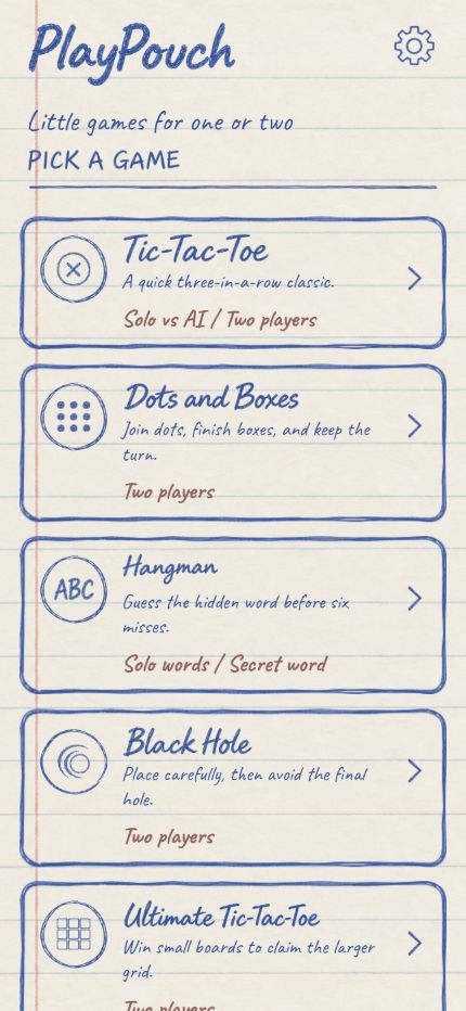 PlayPouch Home screen in the Notebook paper style