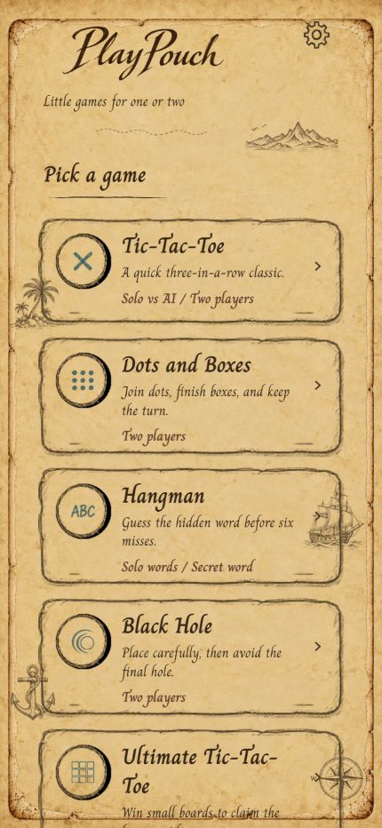 PlayPouch Home screen in the Pirate paper style